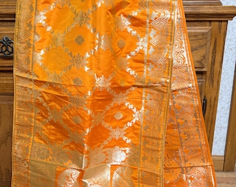Naranja DORADO India BANARSI Arte Seda Dupatta Wrap Bufanda Estola Chunri chal NUEVO