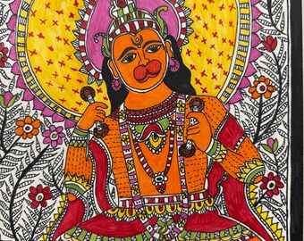 Hanuman Hindu Madhubani painting Paper artist signed original 8.5X 11" unframed pavanputra Hinduism Monkey god