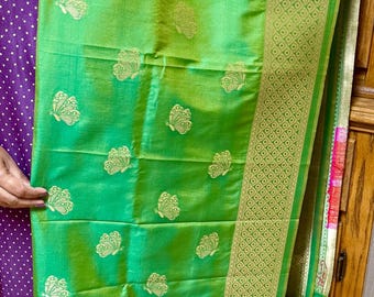 GREEN GOLDEN 2.5yd BANARSI Art Silk Dupatta Wrap Scarf Stole Chunri shawl/ sewing fabric