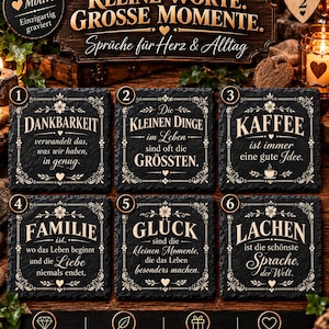 Könnte beinhalten: Ein Set aus sechs quadratischen Untersetzern aus schwarzem Naturschiefer mit eingravierten deutschen Sprüchen und floralen Verzierungen. Jeder Untersetzer ist nummeriert und zeigt ein inspirierendes Zitat in weißer Schrift mit Herz-Akzenten.