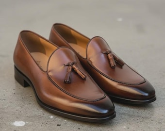 Handmade Brown Leather Penny Loafers, Men's Luxury Dress Shoes