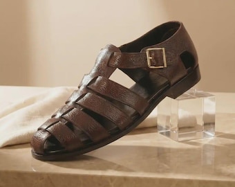 Handgefertigte italienische Herren-Fischersandalen aus Leder, Maßschuhe