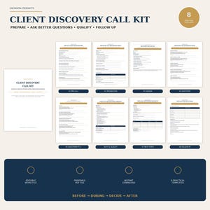 May include: A Client Discovery Call Kit featuring eight document templates with dark blue and gold accents. The pages include sections for pre-call, preparation, agenda, questions, fit and qualify, next steps, and follow-up, with editable text.