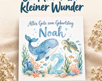 Underwater birthday card with name and age | Personalized whale card for children