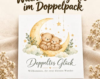 Congratulations card for the birth of twins | Watercolor card with two bears