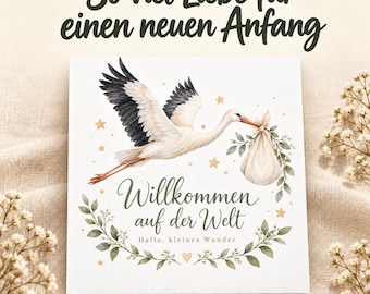 Congratulations card for the birth of a baby with a stork | Watercolor folding card for baby