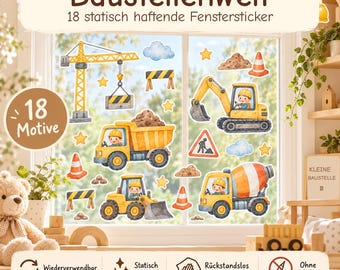 May include: A set of 18 static cling window stickers featuring construction vehicles and equipment, including a crane, dump truck, excavator, and cement mixer, with the text Baustellenwelt and 18 Motive.