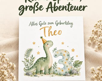 Personalized Dinosaur Birthday Card with Name and Age | Dino Card for Kids | Watercolor Fold-Out Card
