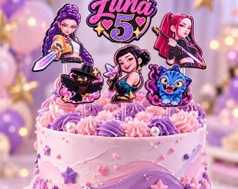 May include: A round cake with light pink and purple frosting, decorated with star and heart shapes. The cake topper features the text Luna 5, surrounded by five individual character cutouts including two figures, a bird, a cat, and a girl.