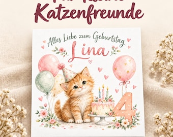Cat birthday card with name and age | Personalized watercolor card for children