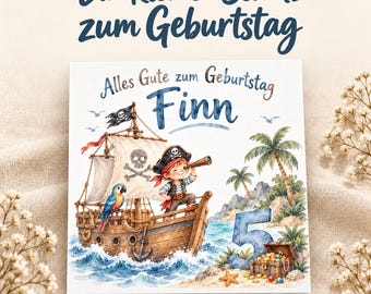 Pirate birthday card with name and age | Personalized watercolor card for children