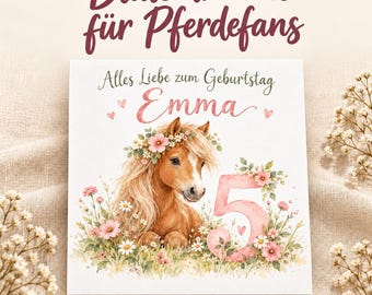Personalized horse-themed birthday card with name and age | Watercolor card for horse lovers | Fold-out card for children