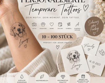 May include: Custom temporary tattoos featuring a black and white sketch of a dog's face with the name Lenny and a heart symbol. The text reads "PERSONALISIERTE Temporäre Tattoos", "DEIN MOTIV. DEIN MOMENT. DEIN TATTOO.", "10 - 100 STÜCK", and "THE WILLIAMS EDIT".