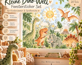 May include: A window sticker set titled Kleine Dino-Welt featuring various dinosaur illustrations including a long-necked dinosaur, a T-Rex, a triceratops, and a pterodactyl, along with a sun, clouds, and tropical foliage.