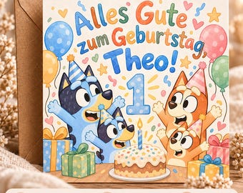 May include: A square birthday greeting card featuring cartoon dogs in party hats, a birthday cake with one candle, and the text Alles Gute zum Geburtstag, Theo! 1. The card includes a brown envelope and measures 14.5 x 14.5 cm.