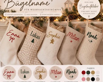 May include: Five Christmas stockings featuring personalized iron-on names and festive icons including a bow, tree, gingerbread man, candy cane, and stars. The text reads "PERSONALISIERTER Bügelname FÜR WEIHNACHTSSTRÜMPFE" and "NUR DER Bügelaufkleber STRUMPF NICHT ENTHALTEN".