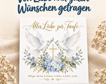 Christening card with dove and blue flowers | Christening greeting card | Folded card