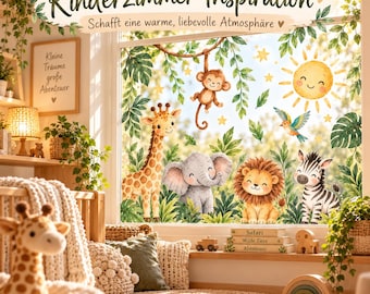 May include: A window decal set featuring watercolor illustrations of a monkey, giraffe, elephant, lion, and zebra among green leaves and a sun. Text includes Kinderzimmer-Inspiration, Kleine Träume große Abenteuer, and The Williams Edit.