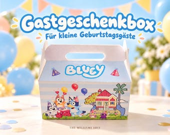 May include: A light blue and white striped cardboard party favor box featuring the Bluey logo, cartoon characters, a house, and balloons. The text on the box reads "Gastgeschenkbox Für kleine Geburtstagsgäste" and "THE WILLIAMS EDIT" at the bottom.