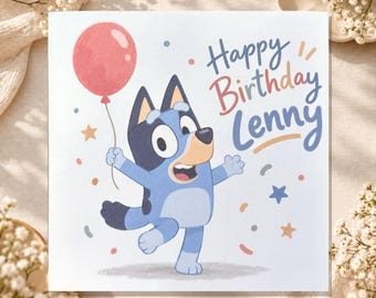 May include: A square birthday card featuring a blue cartoon dog character holding a pink balloon. The text reads Happy Birthday Lenny in blue and red script. The background is white with colorful confetti, small stars, and blue dots.