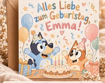 May include: A square birthday greeting card featuring two cartoon dogs wearing party hats, a birthday cake with four lit candles, balloons, and confetti. The text reads Alles Liebe zum Geburtstag, Emma! It measures 14.5 x 14.5 cm.