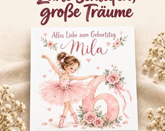 Ballerina birthday card with name and age | Personalized dance card for children