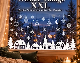 Winter Village XXL Window Stickers White – Houses, Fir Trees, Snowflakes & Christmas Baubles | Static Cling and Reusable