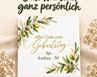 Birthday card with olive branches | Personalized with name and age