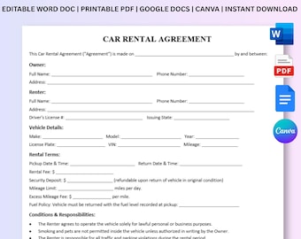 Plantilla editable de contrato de alquiler de coche / Contrato de alquiler de vehículo (Canva, Word, Google Docs) / Descarga instantánea / Contrato de alquiler de automóvil
