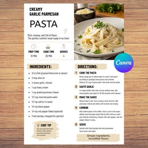 Op de afbeelding: Een receptkaart voor romige knoflook-parmezaanpasta met een foto van fettuccine in een witte kom. De tekst bevat ingrediënten, instructies, 10 minuten voorbereidingstijd, 20 minuten kooktijd en een portiegrootte voor 4 personen.
