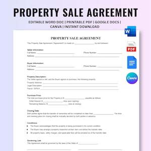 Pode incluir: Um modelo de documento de contrato de compra e venda de imóvel com seções para informações do vendedor e comprador, descrição do imóvel, preço, data de fechamento e condições. Ícones do Word, PDF, Google Docs e Canva estão à direita.