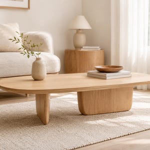 Peut inclure: Une table basse en bois clair dotée d'un plateau ovale et de deux pieds blocs incurvés et solides. La surface de la table supporte un petit vase beige texturé contenant une branche feuillue verte, deux livres blancs empilés et un bol en bois.