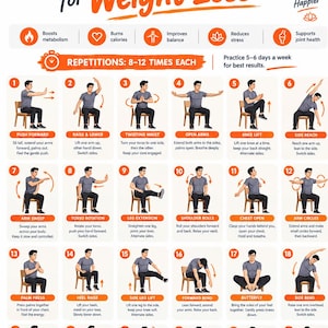 May include: An instructional chart titled Tai Chi Chair Workout for Weight Loss, featuring 24 numbered illustrations of a person in a grey t-shirt and dark trousers performing seated exercises on a wooden chair, with text descriptions for each movement.
