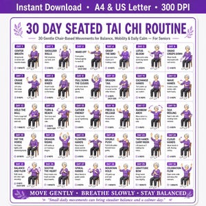 Peut inclure: Un tableau de routine de Tai Chi assis sur 30 jours avec du texte violet et des illustrations d'une personne en chemise violette effectuant des mouvements sur chaise. La grille inclut des instructions quotidiennes pour l'équilibre et la mobilité.