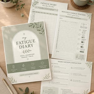 Peut inclure: Un ensemble de feuilles de suivi de la fatigue comprenant une page de couverture intitulée My Fatigue Diary, un suivi horaire, un suivi mensuel de l'énergie et une feuille de réflexion hebdomadaire avec des accents vert sauge et des motifs botaniques.