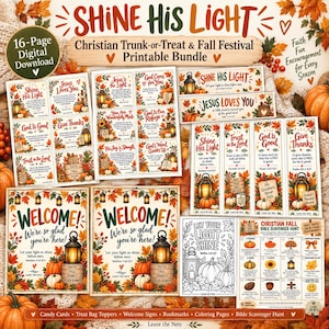 May include: A digital printable bundle for Christian Trunk-or-Treat and Fall festivals. Includes cards, treat bag toppers, welcome signs, bookmarks, coloring pages, and a Bible scavenger hunt. Features autumn leaves, pumpkins, and lanterns.