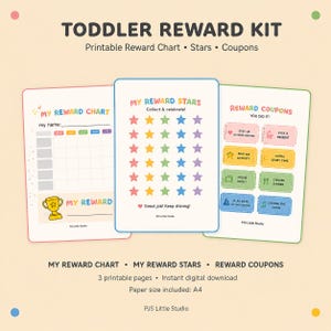 Puede incluir: Un kit de recompensas para niños pequeños con tres páginas imprimibles: una tabla de recompensas con un icono de trofeo, una hoja de estrellas de colores y una página de cupones con texto como Pick a Dessert y Movie Night. Tamaño A4.