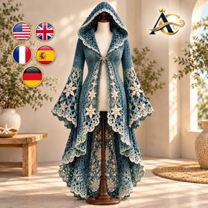 May include: A long-sleeved hooded coat crafted from blue and cream crochet yarn. The garment features an intricate openwork pattern with floral motifs along the front edges and flared sleeves, secured at the chest with a decorative metal clasp.