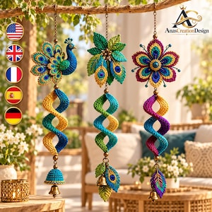 May include: Three hanging crochet ornaments suspended from a branch. The first features a blue peacock with a spiral tail and bell. The second has green leaves and a spiral tail. The third displays a multi-colored flower with a spiral tail and bell.