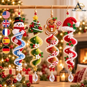 May include: Four crocheted Christmas ornaments hanging from a wooden rod. The ornaments feature a snowman, a Christmas tree, a gingerbread person, and a Santa hat, each with a spiral tail, decorative beads, and a clear crystal drop.