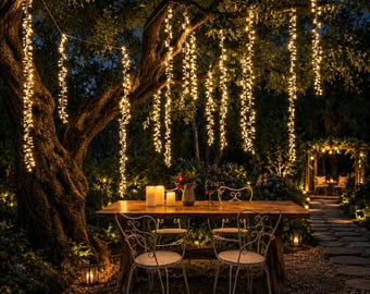 Waterval-slingerlichtjes: Warmwitte lichtslingers voor bruiloften, feesten en huisdecoratie.