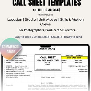 Peut inclure: Un lot de 8 modèles de feuilles de service numériques pour photographes, producteurs et réalisateurs. Le document comprend des champs pour les détails du projet, les dates de tournage, les clients et les horaires, compatible avec Google Sheets et Excel.