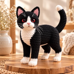 Op de afbeelding: Een gehaakt kattenfiguur van zwart en wit garen, met een witte borst, gezicht en pootjes. De kat heeft grote rode ogen, een roze neus en lange witte snorharen. De staart staat omhoog en heeft een wit puntje aan het uiteinde.