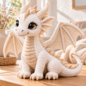 May include: A cream-coloured crochet dragon plush toy featuring large, dark brown eyes with long eyelashes, pointed ears, textured wings, and a long tail. The creature has a detailed stitched body with a lighter cream underbelly and small spikes.