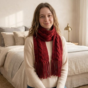 May include: A deep red knitted scarf featuring a prominent cable knit pattern and long fringe tassels at both ends. The scarf is worn over a cream-colored ribbed sweater with long sleeves and a high neckline, providing a textured contrast.