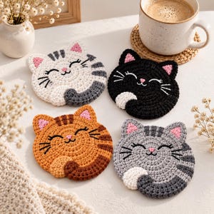 Puede incluir: Un juego de cuatro posavasos redondos de ganchillo con forma de cara de gato. Los posavasos incluyen un gato blanco con rayas grises, un gato negro sólido, un gato atigrado naranja y un gato gris con rayas oscuras, todos con orejas rosas.