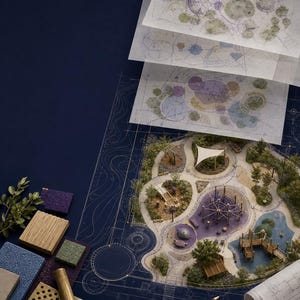 Puede incluir: Un proyecto de arquitectura paisajista con un modelo 3D detallado de un parque con estructuras de juego moradas, árboles verdes y un puente de madera, sobre planos técnicos, muestras de materiales, una herramienta de latón y bolígrafos.