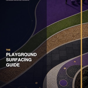 May include: A cover for The Playground Surfacing Guide, Playbook 03, featuring a top-down view of various playground surfaces including purple, green, black, and speckled rubber, wood fiber, and turf, with a vertical yellow line and white text.