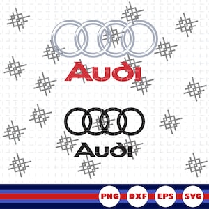 May include: A digital graphic featuring two Audi logos. The top logo has silver interlocking rings with the word Audi in red below. The bottom logo has black interlocking rings with the word Audi in black below. The background has a grid pattern.