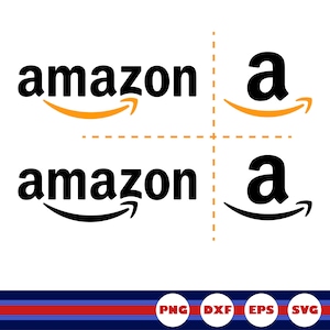 Puede incluir: Cuatro variaciones del logotipo de Amazon que muestran la palabra amazon en letras minúsculas negras con una flecha curva naranja o negra debajo, y la letra a en negro con una flecha curva naranja o negra, con formatos PNG, DXF, EPS, SVG.
